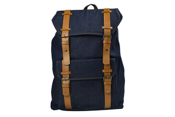 Jeans Backpack accessories isolated hipster background white. Blue jeans with brown bag. Hand made backpack for travelers.