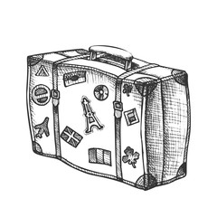 Suitcase With Royalty Travel Stickers Ink Vector. Standing Retro Ancient Tourist Suitcase Package For Clothes. Voyage Luggage For Baggage Hand Drawn In Vintage Style Black And White Illustration