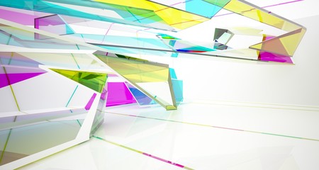 Abstract white and colored gradient glasses interior multilevel public space with window. 3D illustration and rendering.