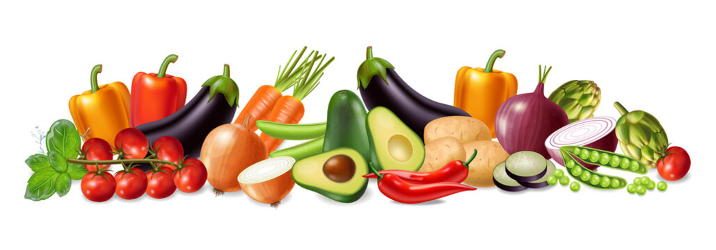 Vegetables banner Vector realistic. Avocado, eggplant, carrots and tomatoes detailed 3d illustrations