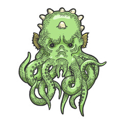 Cthulhu head myth creature color sketch engraving vector illustration. Tee shirt apparel print design. Scratch board style imitation. Black and white hand drawn image.