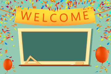 School board with a piece of chalk. Welcome congratulations with confetti and balloons. Vector illustration design. Back to school concept. Cartoon style.