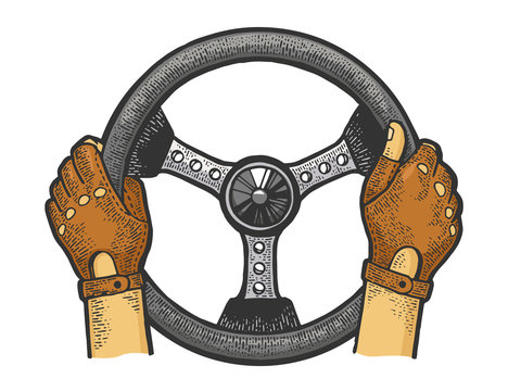 Hands of racer on car steering wheel color sketch engraving vector illustration. Tee shirt apparel print design. Scratch board style imitation. Black and white hand drawn image.