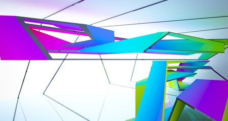 Abstract white and colored gradient  interior multilevel public space with window. 3D illustration and rendering.