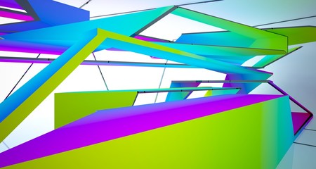 Abstract white and colored gradient  interior multilevel public space with window. 3D illustration and rendering.