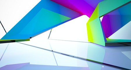 Fototapeta premium Abstract white and colored gradient interior multilevel public space with window. 3D illustration and rendering.