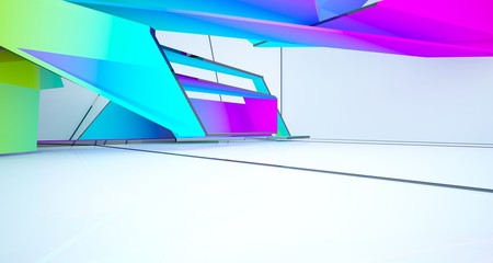 Abstract white and colored gradient  interior multilevel public space with window. 3D illustration and rendering.