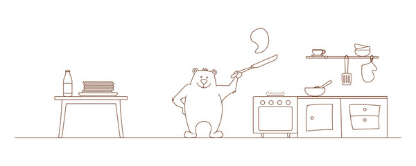 Bears prepare pancakes in the kitchen
