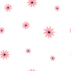 Seamless floral pattern with pink chamomile flowers on white background
