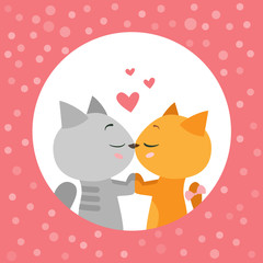 Illustration of love kissing couple of cats - Valentines day postcard. Cartoon kittens in love