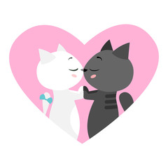 Illustration of love kissing couple of cats - Valentines day postcard. Cartoon kittens in love