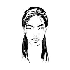 Beautiful asian woman portrait, young female face black and white vector illustration