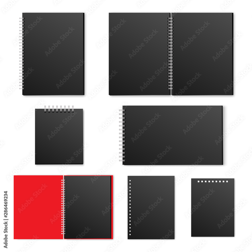Aufkleber blank open and closed spiral a4 notebook, organizer and diary vector template isolated. realistic bl