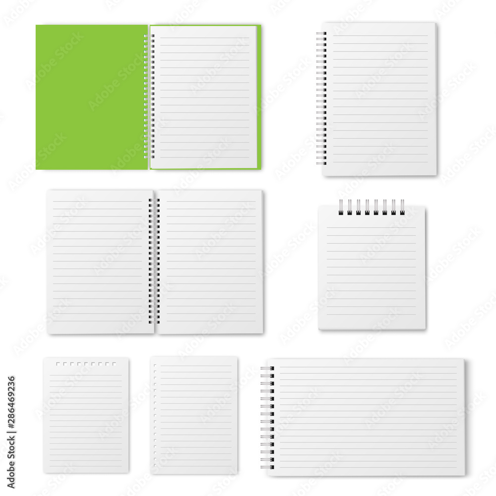 Poster blank open and closed spiral a4 notebook, organizer and diary vector template isolated.