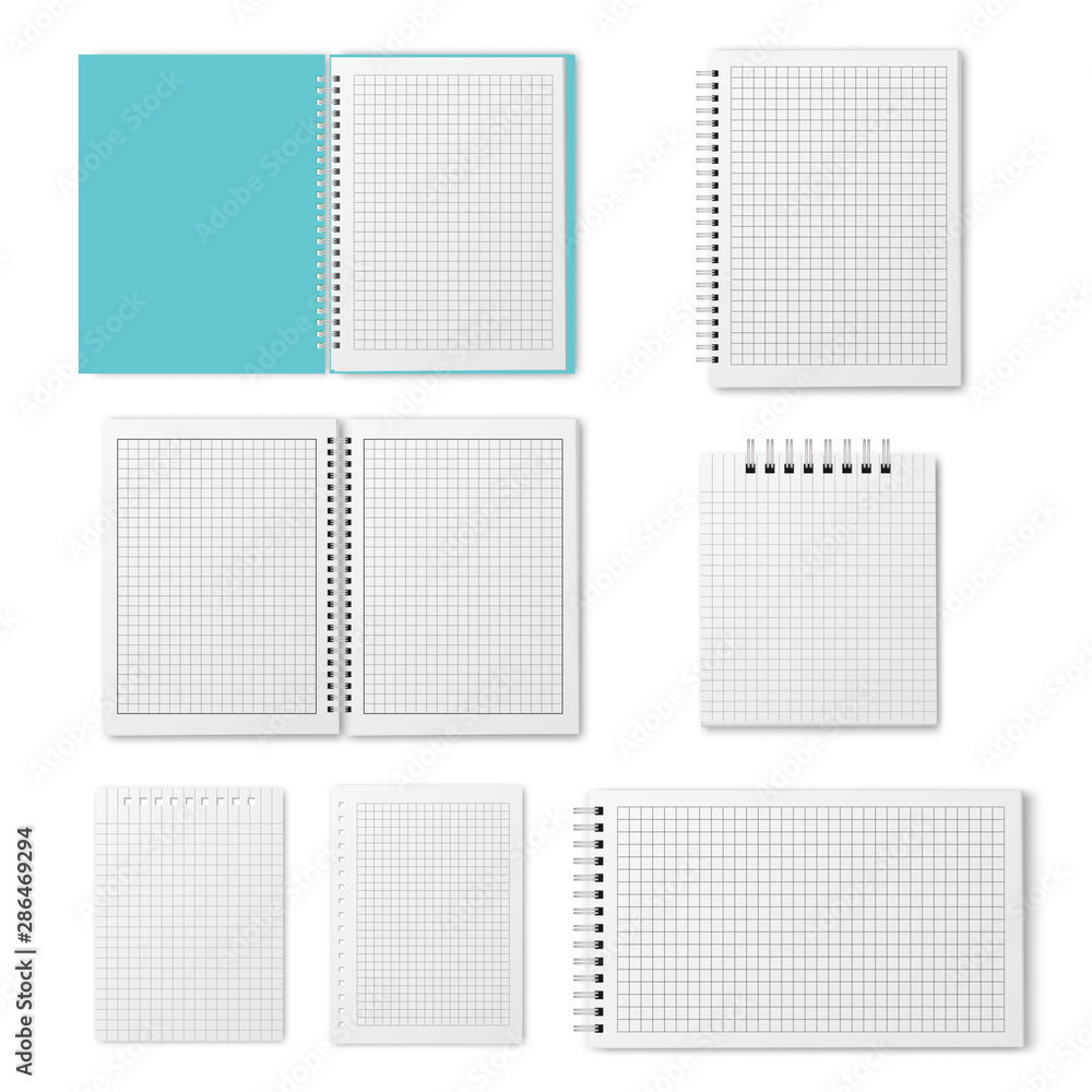 Poster blank open and closed spiral a4 notebook, organizer and diary vector template isolated.