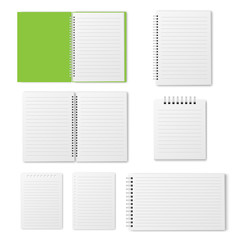 Blank open and closed spiral A4 notebook, organizer and diary vector template isolated.