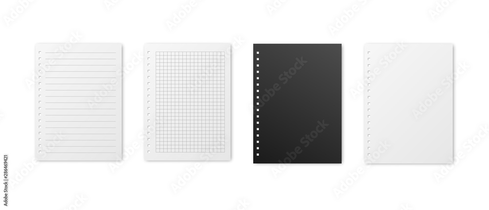 Poster blank realistic vector horizontal lined and squared notebooks with shadow. copybooks with blank open