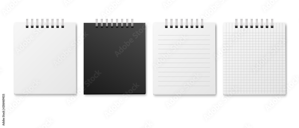 Poster blank realistic vector horizontal lined and squared notebooks with shadow. copybooks with blank open