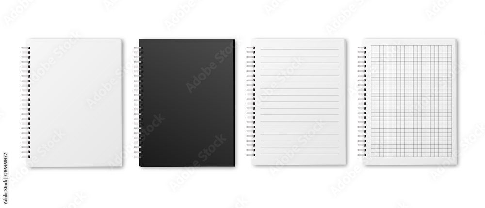 Poster blank realistic vector horizontal lined and squared notebooks with shadow. copybooks with blank open