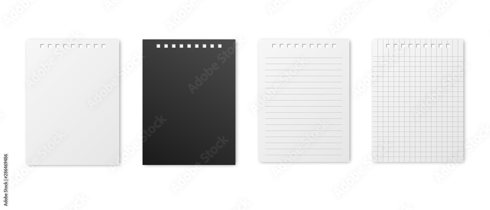 Poster blank realistic vector horizontal lined and squared notebooks with shadow. copybooks with blank open