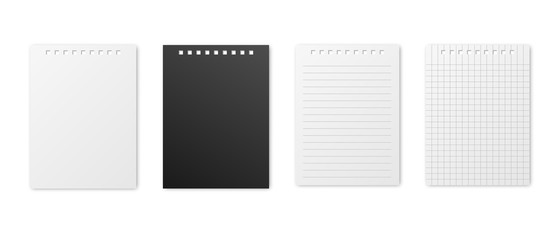 Blank realistic vector horizontal lined and squared notebooks with shadow. Copybooks with blank opened ruled page on metallic spiral, dairy or organizer mockup