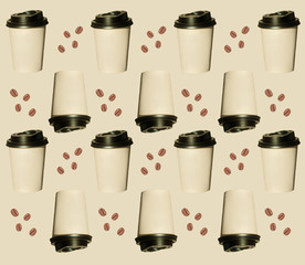 Coffee to go, regular pattern made of photography. Kraft paper cups with black lids. Lifestyle...
