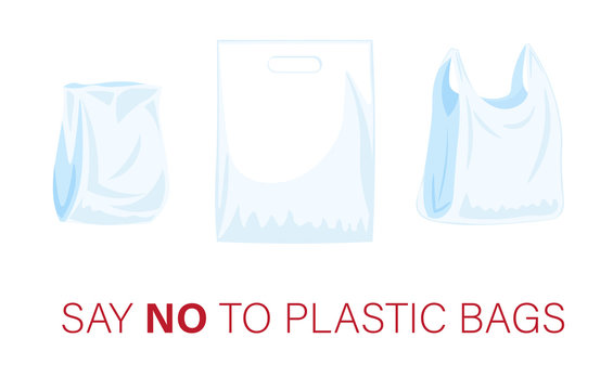 Say no to plastic bags, bring your own textile bag. Cartoon styled images with signage calling for stop using disposable polythene package. Vector illustration isolated on white