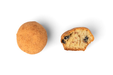 Cupcake with raisin isolated on white background.