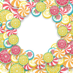 Bright background with colorful candies. Top view with space for your greetings