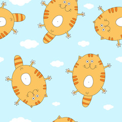 Seamless pattern of a red cats with clouds