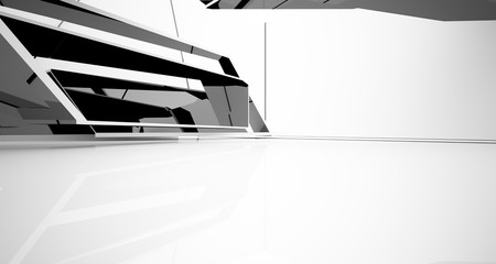 Abstract white and black interior multilevel public space with window. 3D illustration and rendering.