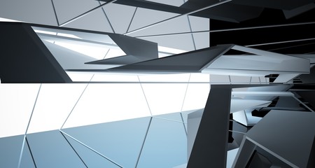 Abstract white and black interior multilevel public space with window. 3D illustration and rendering.