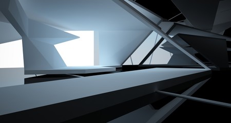 Abstract white and black interior multilevel public space with window. 3D illustration and rendering.
