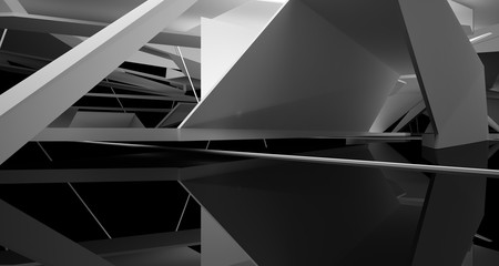 Abstract white and black interior multilevel public space with window. 3D illustration and rendering.