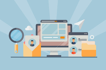 Customer data, client profile, customer marketing, online customer management, digital technology concept. Flat design vector banner.