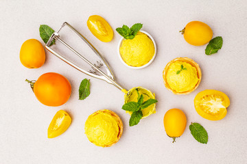 Yellow tomato ice cream, sorbet, gelato