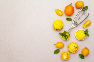 Yellow tomato ice cream, sorbet, gelato