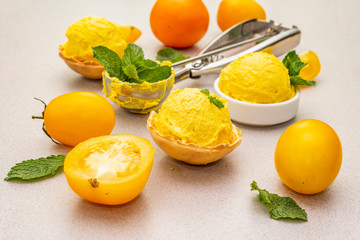 Yellow tomato ice cream, sorbet, gelato