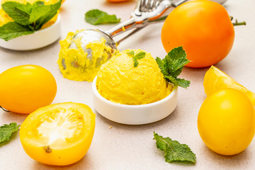 Yellow tomato ice cream, sorbet, gelato