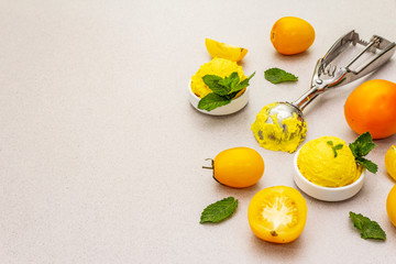 Yellow tomato ice cream, sorbet, gelato