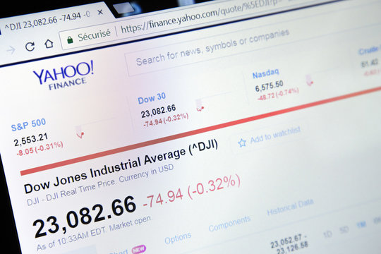 Paris, France - October 19, 2017 : Finance yahoo website homepage. Finance Dow jones Industrial rate closeup