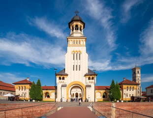 Fototapeta na wymiar Scenic view to the Coronation Reunification Cathedral Bell Tower in Alba Iulia city, Romania.
