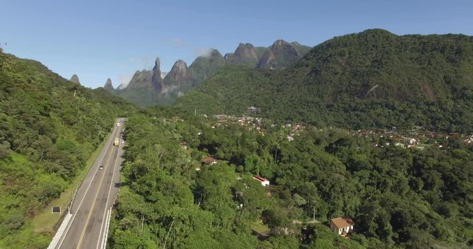 Great road straight. Only one way. Exotic Mountains, Wonderful Mountains. Mountain of the Finger of God. city of Teresopolis, state of Rio de Janeiro, Brazil, South America. 