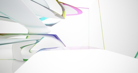 Abstract smooth white and colored gradient glasses interior multilevel public space with window. 3D illustration and rendering.