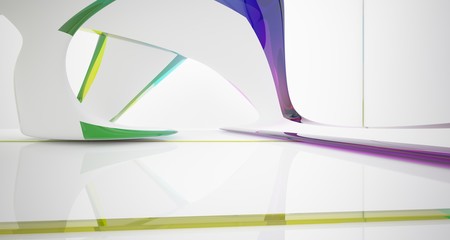 Abstract smooth white and colored gradient glasses interior multilevel public space with window. 3D illustration and rendering.