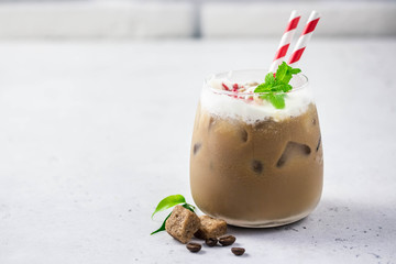 Peppermint white chocolate eggnog mocha. Selective focus, space for text.