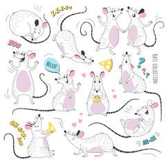 Doodle rats collection. Vector illustration of funny cartoon rats in various poses and actions. Isolated on white.