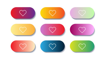 Vector set of modern gradient app or game buttons. User interface web buttonwith hearts.