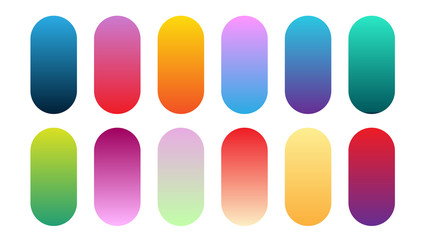 Beautiful gradient collection. Multicolor green purple yellow orange pink cyan circle gradients, colorful soft round buttons vector set 