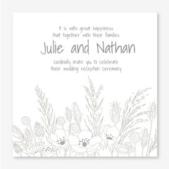 WILD GRASS, GRAIN, CEREAL AND DRIED FLOWER ILLUSTRATION IN LINE ART STYLE FOR INVITATION, BANNER, CARD, STATIONARY